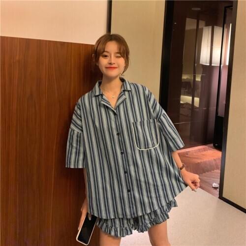 Pijamas women Net red cotton striped pajamas suit nightgown female summer Korean casual loose plus size home service new 2020