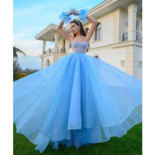 Pretty Sky Blue Shiny Tulle Women Dresses To Formal Event Puffy A-line Long Sleeveless Prom Gowns Female Clothing