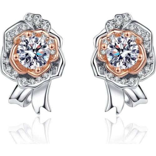 Passed Diamond Test Excellent Moissanite 925 Sterling Silver Ear Studs Rose Shape Women Engagement Cocktail Party Jewelry