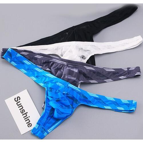 Sexy Men Stripe Mesh Transprant U Convex Pouch G-string Breathable Jockstrap Underwear Sexy Stripe G String Thong Gay Wear F7