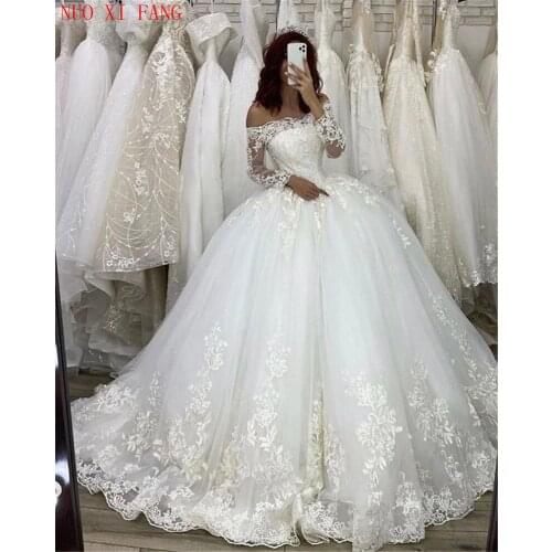 Gorgeous Lace Ball Gown Princess Wedding Dresses Long Sleeves Off The Shoulder Appliques Lace-Up Back Dubai Bridal Gowns Vestido