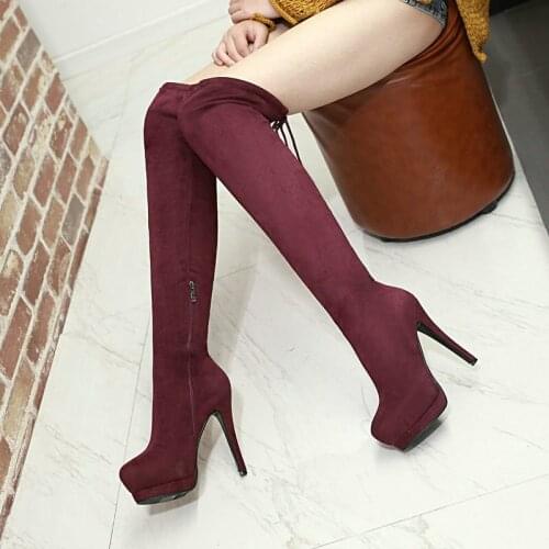 Faux Suede Lady Long Boots Autumn Winter Cross Tied Zipper Large Size Stretch Women’s Shoes Platform Super High-Heel Thigh Boots