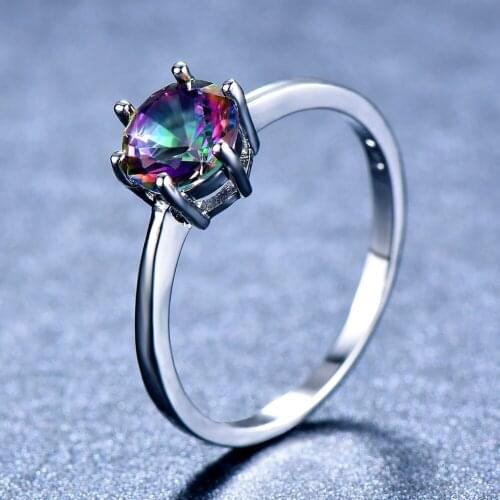 Mysterious Fire Zircon Birthstone Pebble Womens Ring Silver Color Six Claw Multicolor Engagement Ring Wedding Cocktail Ring