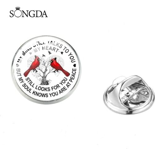 Cardinal Memorial My Mind Still Talks You Stainless Steel Badges Brooches Art Photo Glass Dome Lapel Pin Jewelry Gifts for Women