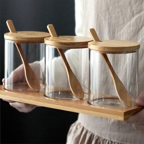 1 Set Glasses Storage Jars Candy Cookies Tea Coffee Organizer Bottle with Wood Lid Container Spices Food Canister 400ml