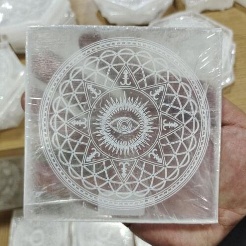 1pcs 12cm square Natural Selenite Stones With Logo Quartz Healing Energy Divinations Stone Home Decor coaster