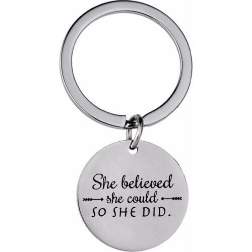12PC/Lot She Believed She Could So She Did keychain Stainless Steel Key Chains Girl Birthday Graduation Inspirational Key Rings
