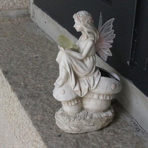 Angel Sculpture with Wing Solar Courtyard Pond Statue Weatherproof Bedroom