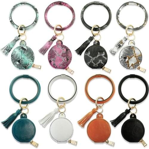 Bluetooth Headset Anti-lost Wrist Key Ring PU leather Mirror bracelet Keys Holder keychain zipper pouch