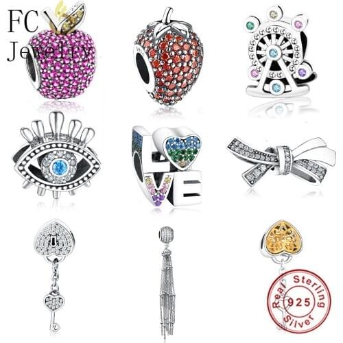 FC Jewelry Fit Original Brand Charm Bracelet 925 Silver Cat Evil Eye Coffee Cup Lipstick Fruit Apple For Making Beads Berloque