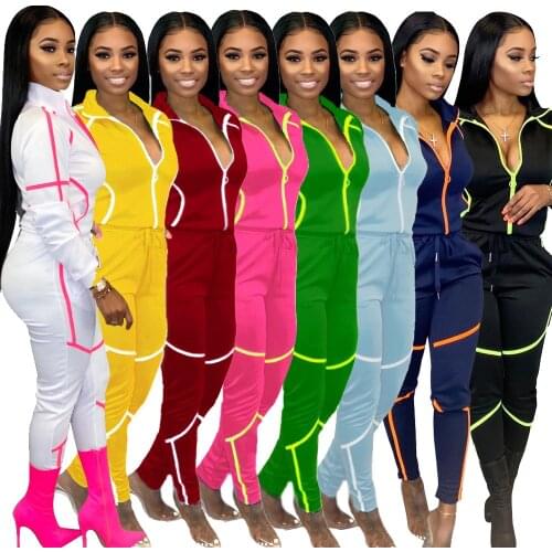 New Women Fall Two Pieces Fashion Sportswear Color Block Long Sleeve Sport set Turndown Collar Womens Track Suits With Zippers