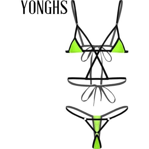 Womens Lingerie Set Strappy Lace-Up O-Ring Connected Bikini Swimsuit Adjustable Spaghetti Strap Bra Tops with G-String Briefs