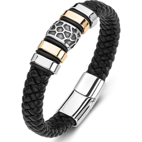 Trendy Male Jewelry Punk Braided Leather Hand Bracelet Men Stainless Steel Magnetic Clasp Bangles Fashion Party Jewelry P180