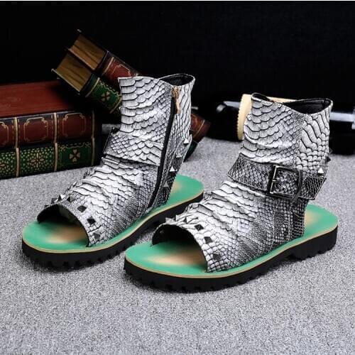 Snake Skin Man Sandals Rome Style Buckle Summer Beach Gladiators for men Open toe Genuine leather Cow Male Ankle Booties Size 46