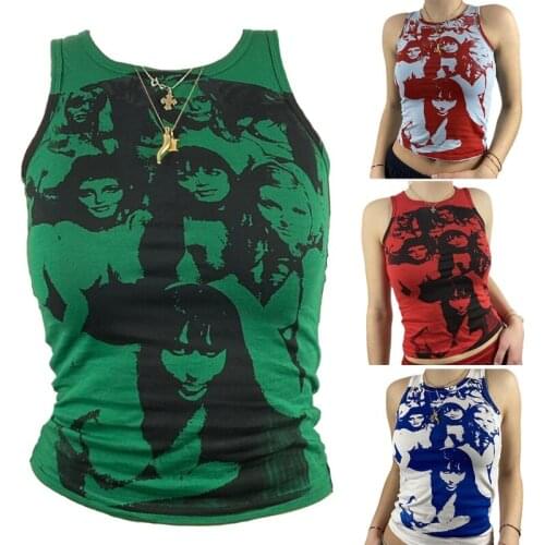 MXMA Women Gothic Punk Sleeveless Crop Top Harajuku Hip Hop Ink Portrait Graphic Printing Slim Vest Summer Bodycon Shirts