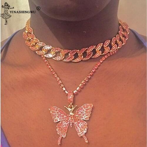 Iced Out Butterfly Necklace Set Cuban Link Chain Choker Necklace Women Girls Butterfly Chains Bling Hip Hop Pendant Jewelry 2020