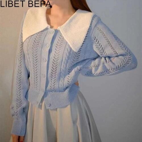 New 2021 Womens Autumn Winter Sweaters Sailor Collar Buttons Cardigan Vintage Fashionable Cut Out Elegant Lady Tops SWC1512JX