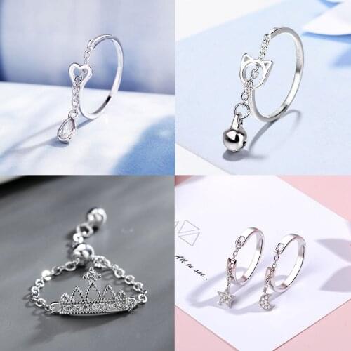 New Fashion Tassel Chain Tiara Star Moon Cat Heart Silver Color Copper Finger Rings Adjustable For Women Jewelry Gift Dropship