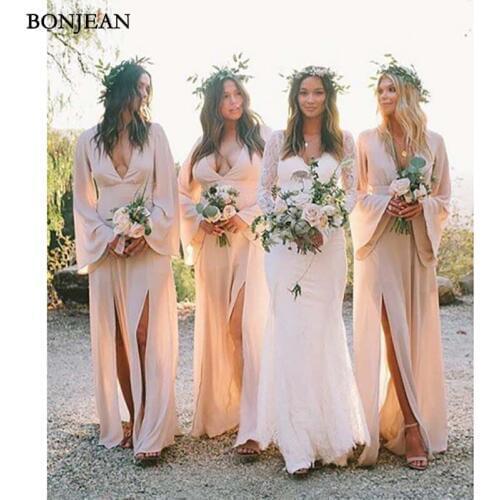 New V-Neck Bridesmaid Dresses Lace Long Sleeves Chiffon Side Split Wedding Party Dress Cheap Arabic Prom Gowns Custom Made