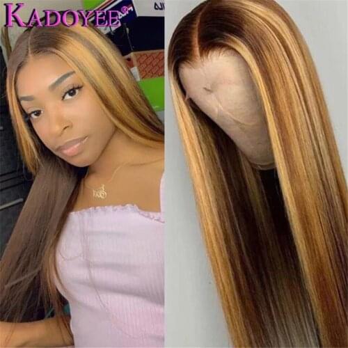 Honey Blonde Highlights Wig Ombre Straight Hair T Part Lace Wig Human Hair Pre Plucked Malaysian Remy 4x4 Closure Wigs for Women