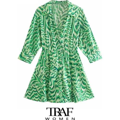 TRAF Za Women Fashion Geometric Print Pleated Mini Shirt Dress Vintage Three Quarter Sleeve Button-up Female Dresses Mujer