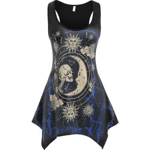 ROSEGAL Plus Size Sun Star Moon Skull Print Asymmetrical-Hem Tank Top Gothic Sleeveless Long Women Tank Tops Summer Streetwear