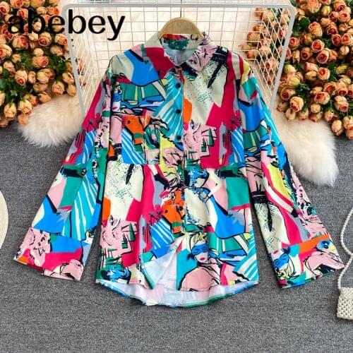 2021 New Spring Autumn Vintage turn-down collar flare sleeve Shirt Abstract print single breasted loose casual Shirt Top