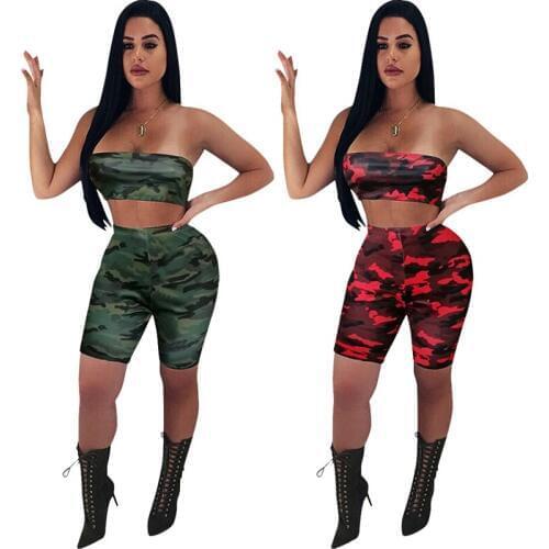 Sexy Camouflage Two Piece Set Women Fitness Clothing Suit Two Piece Off Shoulder Crop Top Bodycon Short Tracksuits Matching Sets