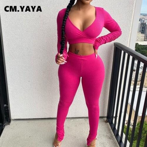 CM.YAYA Streetwear Knitted Sweatsuit Womens Set Crop Top Stacked Flare Slit Pants Set Active Tracksuit Two Piece Fitness Outfit