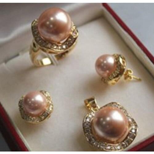 Hot sell new - 1 set 10 mm &14mm pink sea shell pearl mother of pearl pendant earring ring NEW NEW