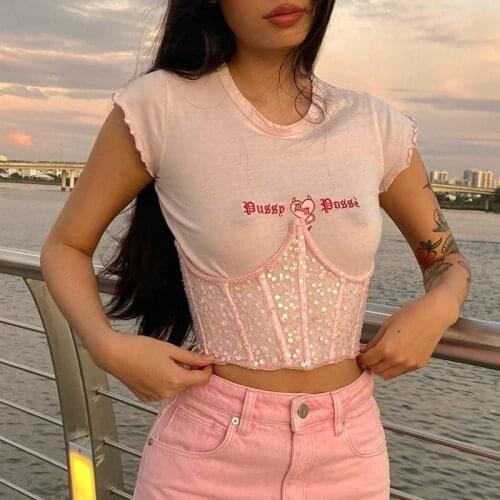 Streetwear Pastel Gothic Pink Bodycon Women T-Shirts Short Sleeve E-Girl Y2k Aesthetics Sequins Corsets 2000s Fashion Crop Tops