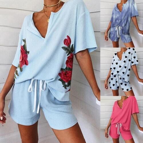 Women V Neck T-shirt Drawstring Shorts Floral Print Ribbed Sleepwear Pajamas Set