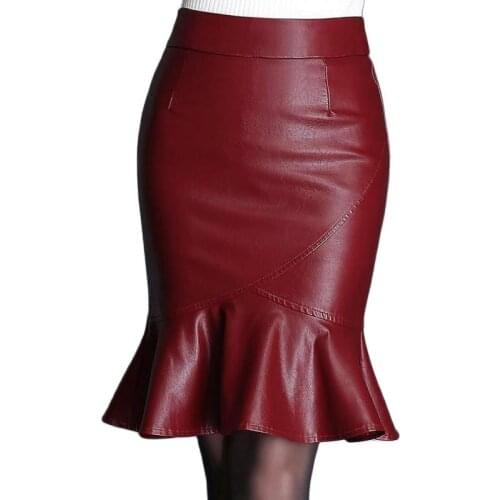 Woman Solid Plus Size Pu Spring Trumpet / Mermaid Skirts Female Oversized Autumn Leather Skirts Women Leather Falda De Invierno