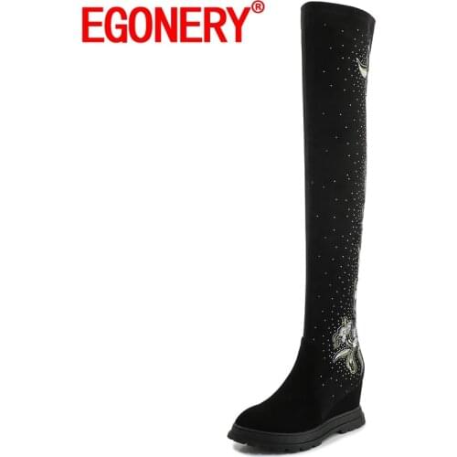 EGONERY Women winter New Style High boots embroidered and rhinestone decoration Suede Good Qualtiy Leisure Shoes Concise Mature