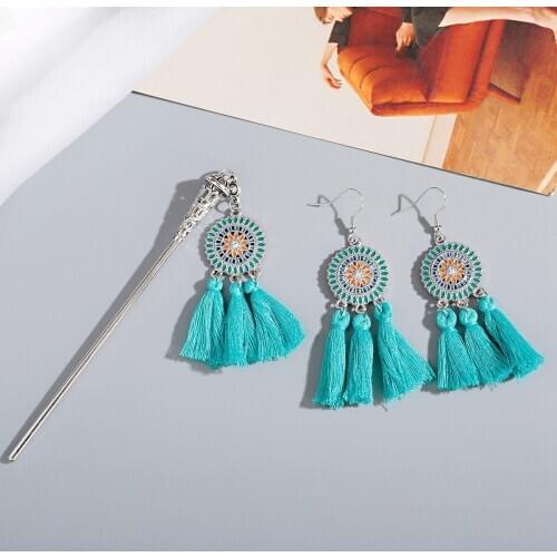 2pcs Tassel Earring And Hairpin Set Boho Earrings For Women Vintage Hair Sticks Girl Accessory Pendan Jewelry Flower Fashionable