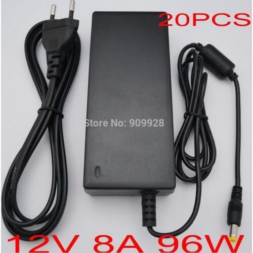 20PCS 12V 8A DC96W LED Power Adapter for 5050 / 3528 SMD LED Light or LCD Monitor US / EU / UK / AU plug DC plug 5.5mmx2.1-2.5mm