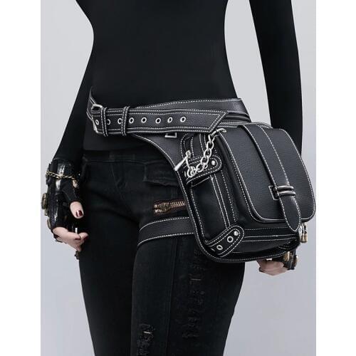 Black Leather Chain Outdoor Multi-function Gothic Retro Shoulder Messenger Bags Crossbody Steampunk Waist Bag Corset Accessories