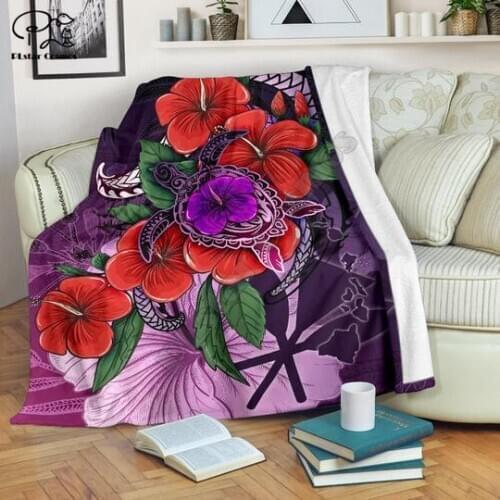 Purple Hibiscus Turtle Flowing Polynesian Style Blanket 3D print Sherpa Blanket on Bed Home Textiles Dreamlike HOME ACCESSORIES