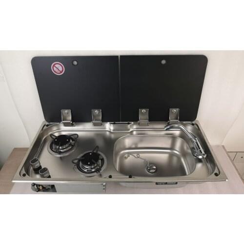 Boat Caravan RV Camper 2 Burner LPG Gas Stove Hob and Sink Combo with 2 Tempered Glass Top 775*365*150/120mm GR-904RD