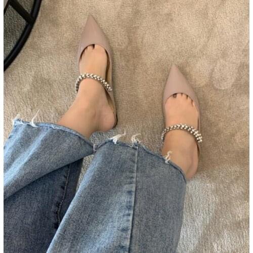 Hot Girls Beige Nude Burgundy Black Patent Leather Crystal Bling Slippers Woman Flats 6 cm Thin Heels Pointed Toe Slip On Slides