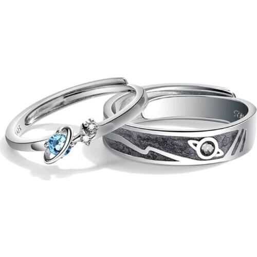 2Pc Trendy Saturn Planet and Stars Universe Galaxy- 925 Sterling Silver Lover Ring Matching Set Sea Blue Fashion Jewelry