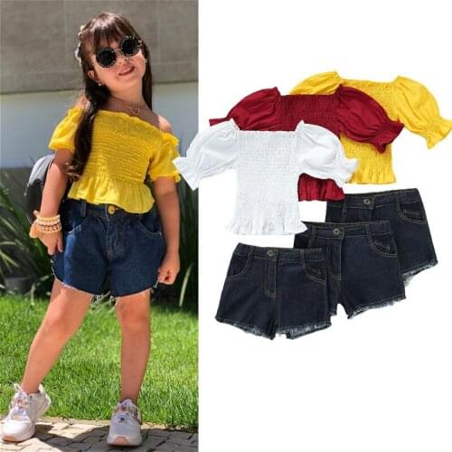 1-6Y Kids Baby Girls Clothes Set 2021 Summer Puff Sleeve Off Shoulder Solid Ruffle Tops + Denim Shorts Fashion Kids Outfits