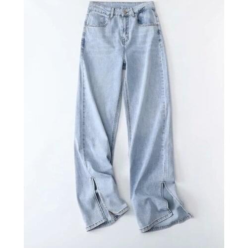 Korean Version of The Casual Straight 2021 Summer Thin Model Comfortable Soft Fashion Side Fork Womens Jeans DLZK609