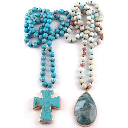 MOODPC Fashion Natural Semi Precious Empire Stones with cross charm Pendant Handmade Necklace Women Jewelry