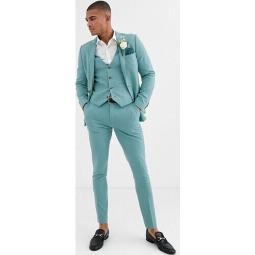 2020 Mint Green Mens Suits Slim Fit 3 Pieces Beach Groomsmen Wedding Tuxedos For Men Peaked Lapel Formal Prom Suit