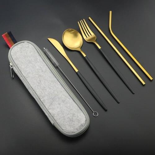 Dinnerware Set 7pcs/set Black Gold Travel Camping Cutlery Set Reusable Silverware with Metal Straw Spoon Fork and Portable Case