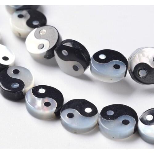 About 24pcs/strand Flat Round White Shell Bead Strands with Natural Black Stone for Jewelry making DIY Bracelet Necklace