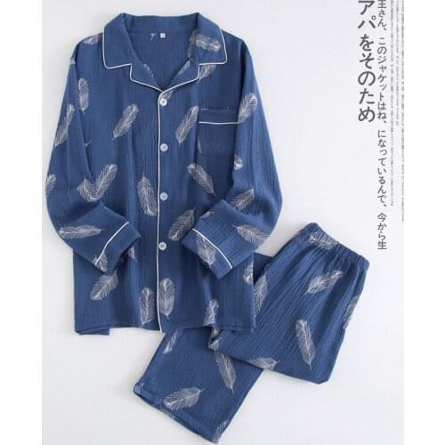 New Autumn Summer Men‘s Pijama Top Cotton Gauze Button Sleepwear Long Sleeve Clothes for Men Plus Size Print Sleepwear Male Suit