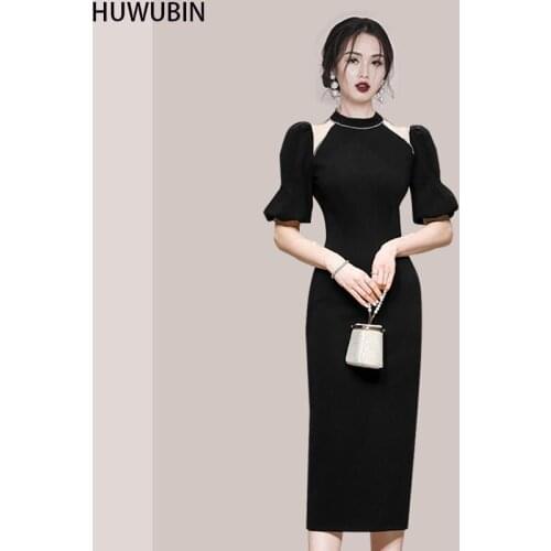 2021 Summer Korean High End Temperament Diamond Round Neck Slim High Waist Short Sleeve Medium Length Fashion Elegant Dress