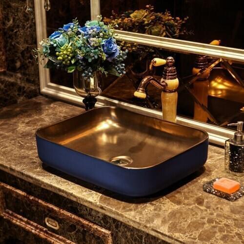 Rectangular shape Europe style chinese washbasin sink Jingdezhen Art Counter Top ceramic wash basin bathroom sink gold